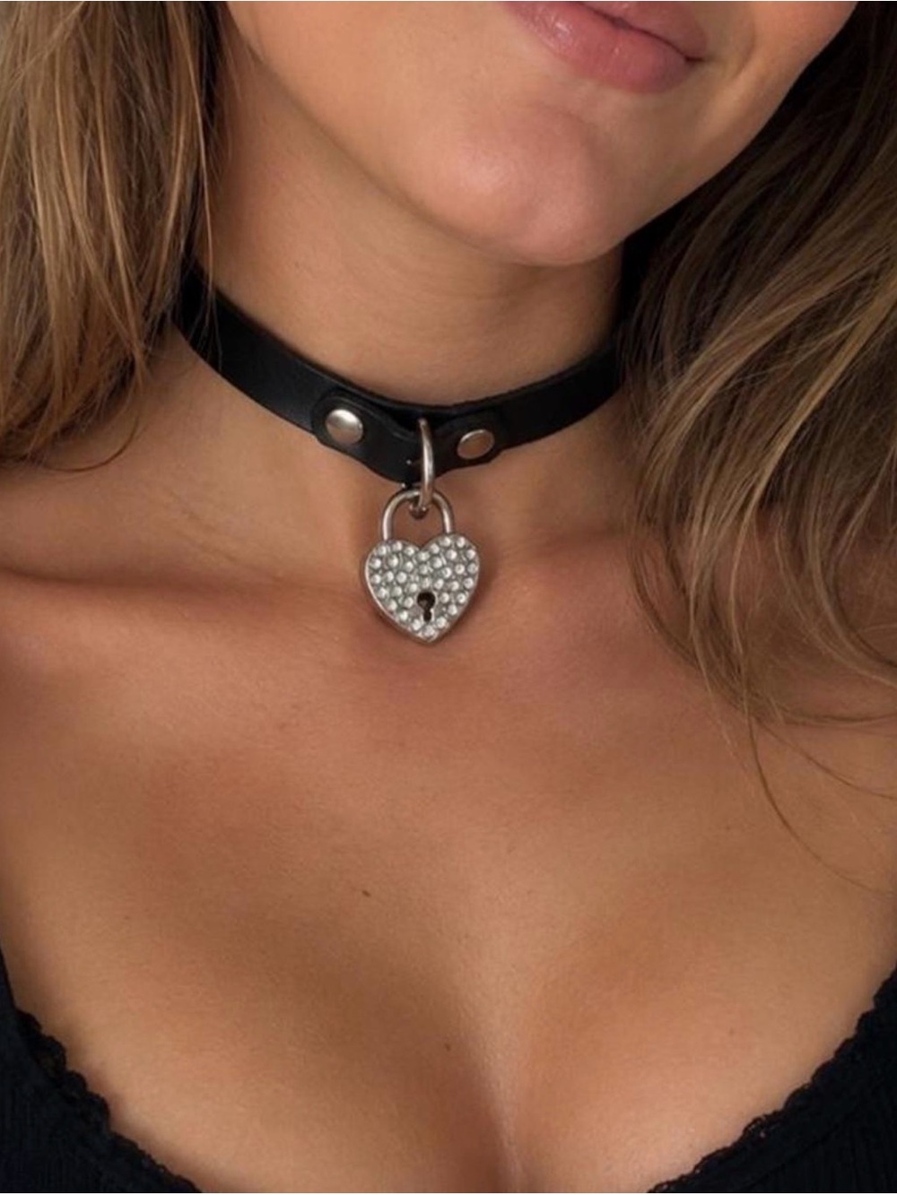 Heart Lock Rhinestone Choker Necklace Black Faux Leather OS